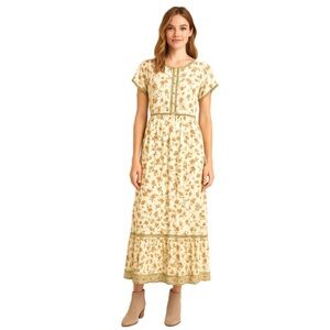 Max Studio, Floral Print Maxi Dress - Cream, Orange and green, size L